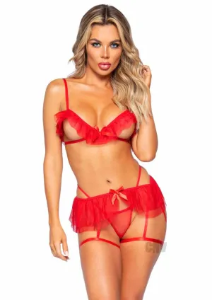 3 Pc. Cupless Bra. G-String. and Garter Belt -  One Size - Red