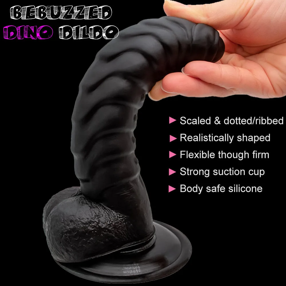 Bebuzzed Dino 8 Ribbed Dildo with Balls Suction Cup Black