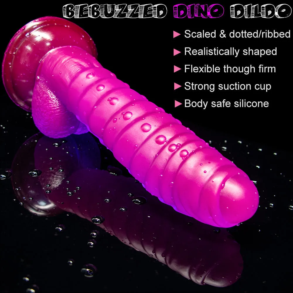 Bebuzzed Dino 8 Ribbed Dildo with Balls Suction Cup Purple