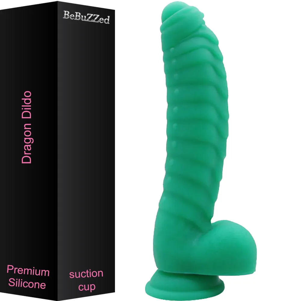 Bebuzzed Dragon 8.5 Scaled Ribbed Dildo Liquid Silicone Green