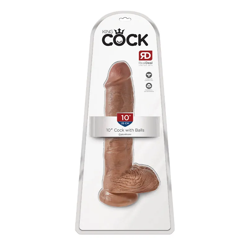 King Cock 10 in. Cock With Balls Realistic Suction Cup Dildo Tan