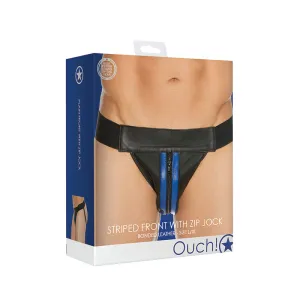 Ouch! Bonded Leather Striped-Front Jock With Zip Blue L/XL