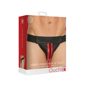 Ouch! Bonded Leather Striped-Front Jock With Zip Red L/XL